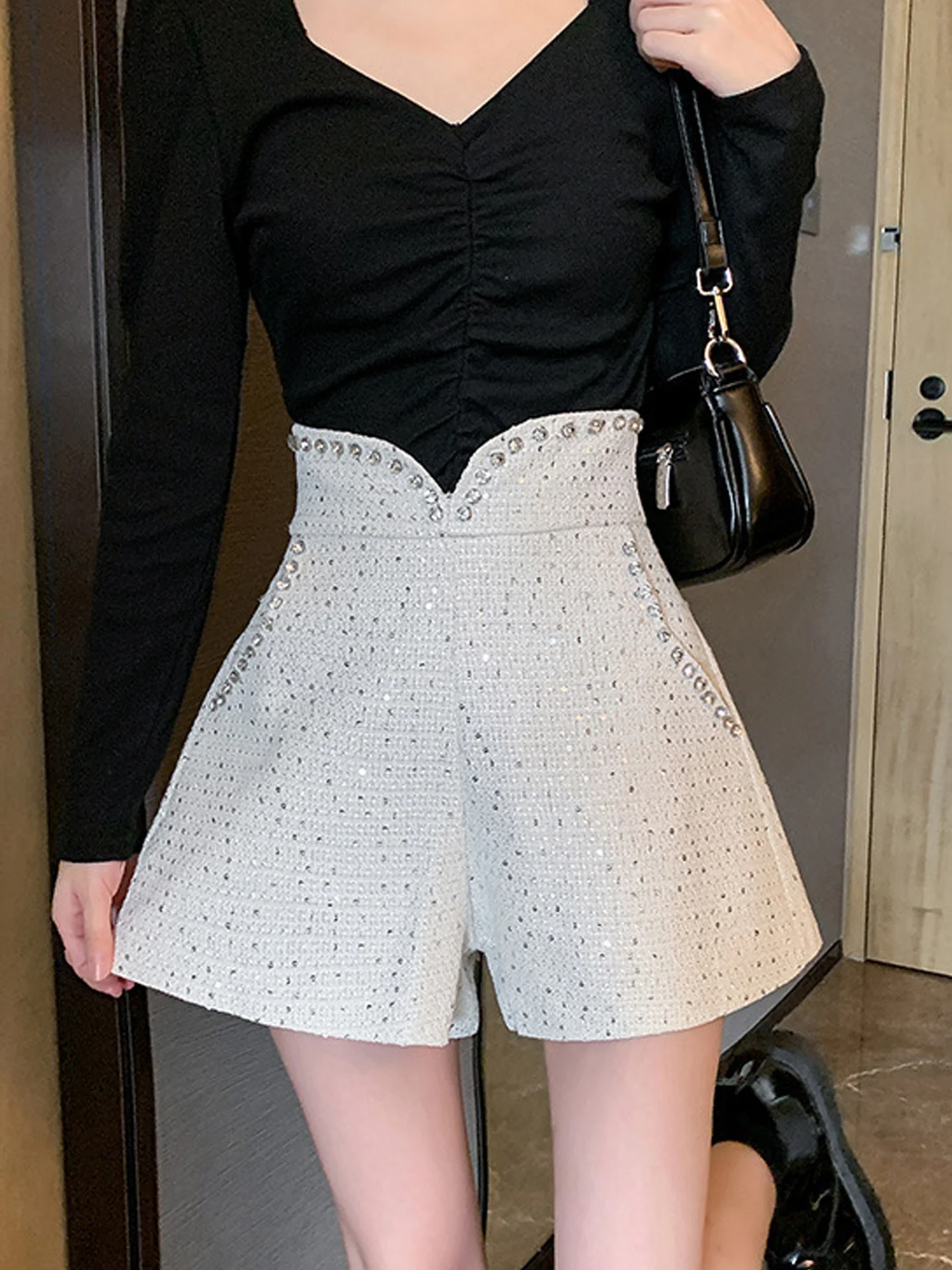 

Heavyweight High Waist Irregular Wide Leg Pants Women's Design Sense ket Coarse Weave New ort Pants Sequin Embellied