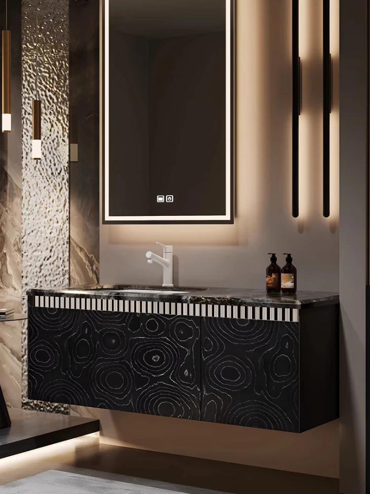 

Luxury stone ceramic basin Italian light luxury solid wood multi-layer paint-free bathroom cabinet customization
