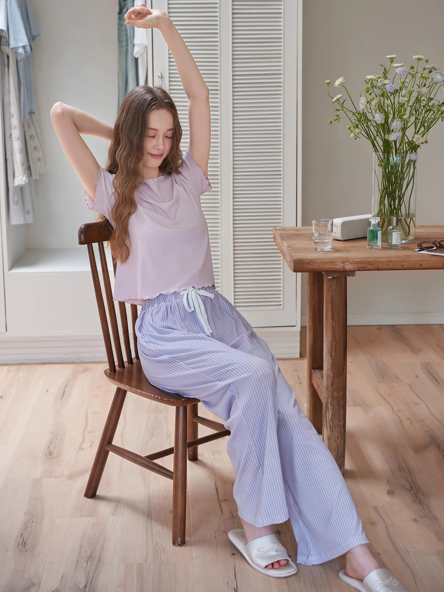 princess-mark-summer-sleepwear-women's-slim-fit-short-sleeve-t-shirt-striped-pants-home-clothes-breathable-comfortable-cotton