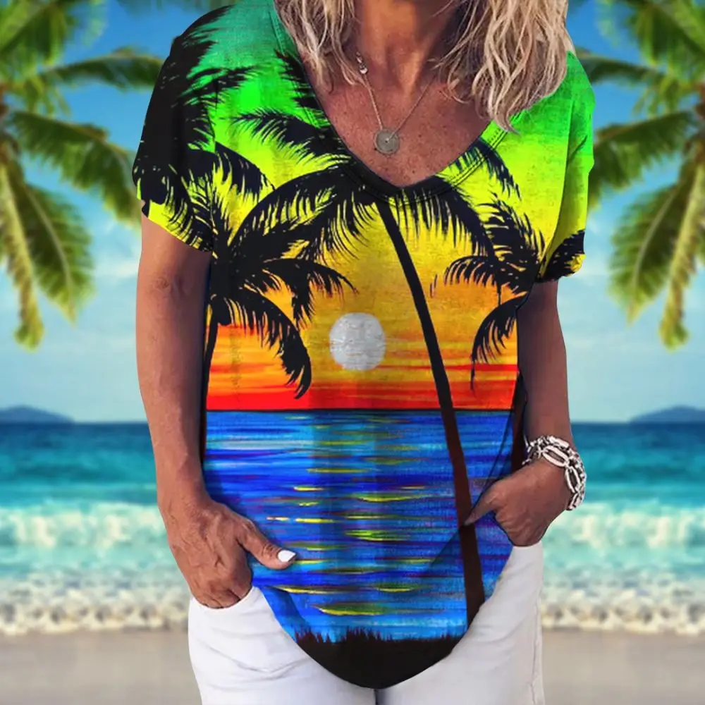 Zomer Vrouwen T-shirt Hawaiian Shirt Kokospalm Patroon V-hals Korte Mouw Tops Vakantie Kleding 5xl Meisjes Tee Dames Kleding
