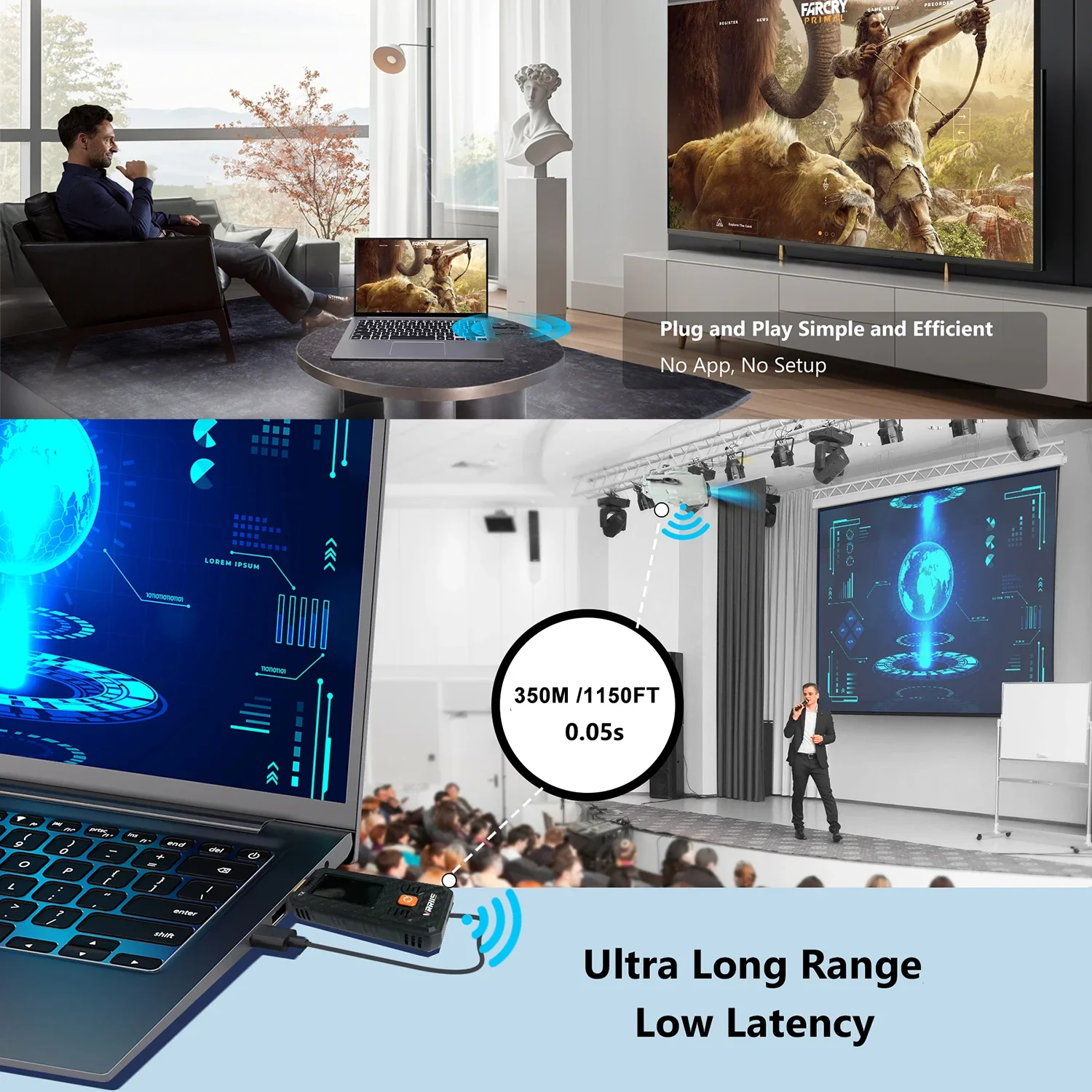 Trasmettitore e ricevitore audio video HDMI wireless da 350 m, computer portatile, PC, adattatore per display TV, può modificare la frequenza