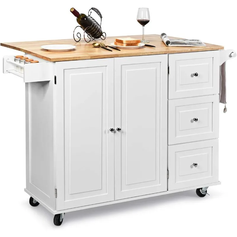 

Kitchen Island Cart with Drop-Leaf Tabletop, Large Trolley Cart with Large Cabinet, 3 Drawers, Spice Rack, Towel Rack, Kitchen