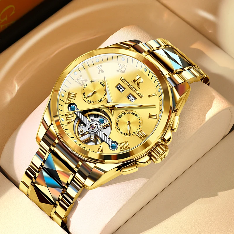 

Luxury Gold Mechanical Watch Men Stainless Steel Automatic Tourbillon Watch Calendar Waterproof Luminous Clock Relogio Masculino