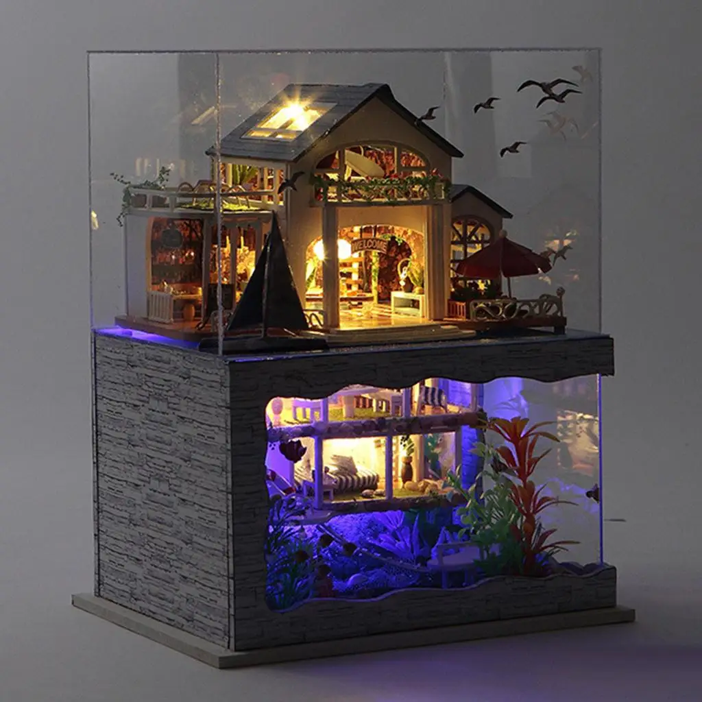 Kit di mobili per case delle bambole Mini giocattolo puzzle antipolvere per villa al mare