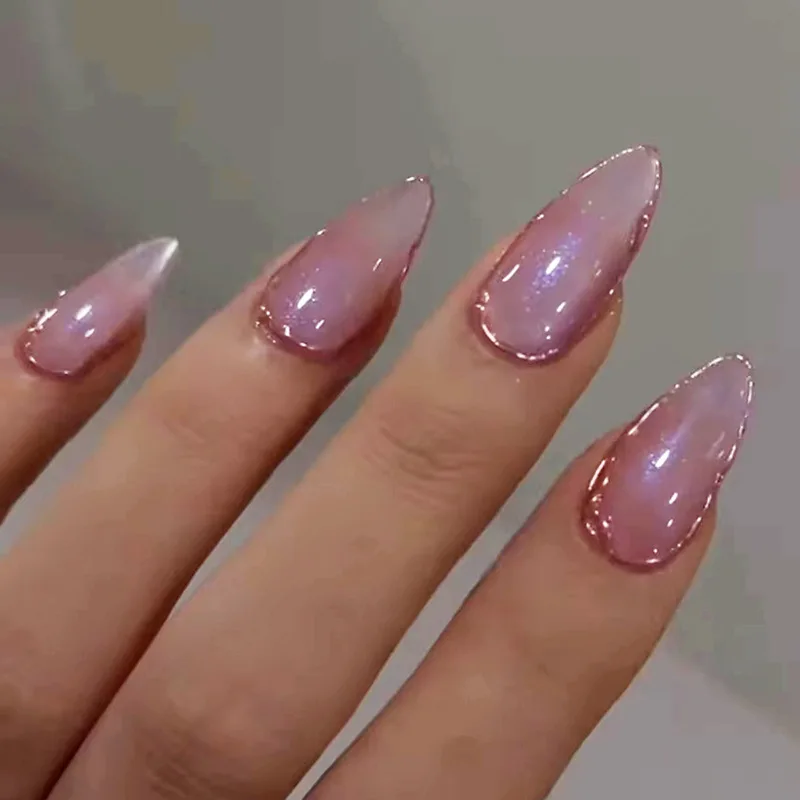 24pcs Cute Strawberry Fake Nail Patch Shiny Cat Eye Fake Nails Tips Wearable Full Cover Summer Almond Press on Nails for Women