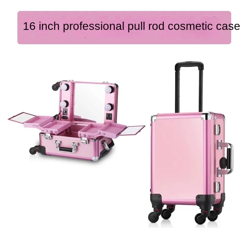 Valise de maquillage avec roulettes de 16 pouces, sac de maquillage professionnel, lumières de miroir de bagages, boîte de rangement Portable, chariot à main