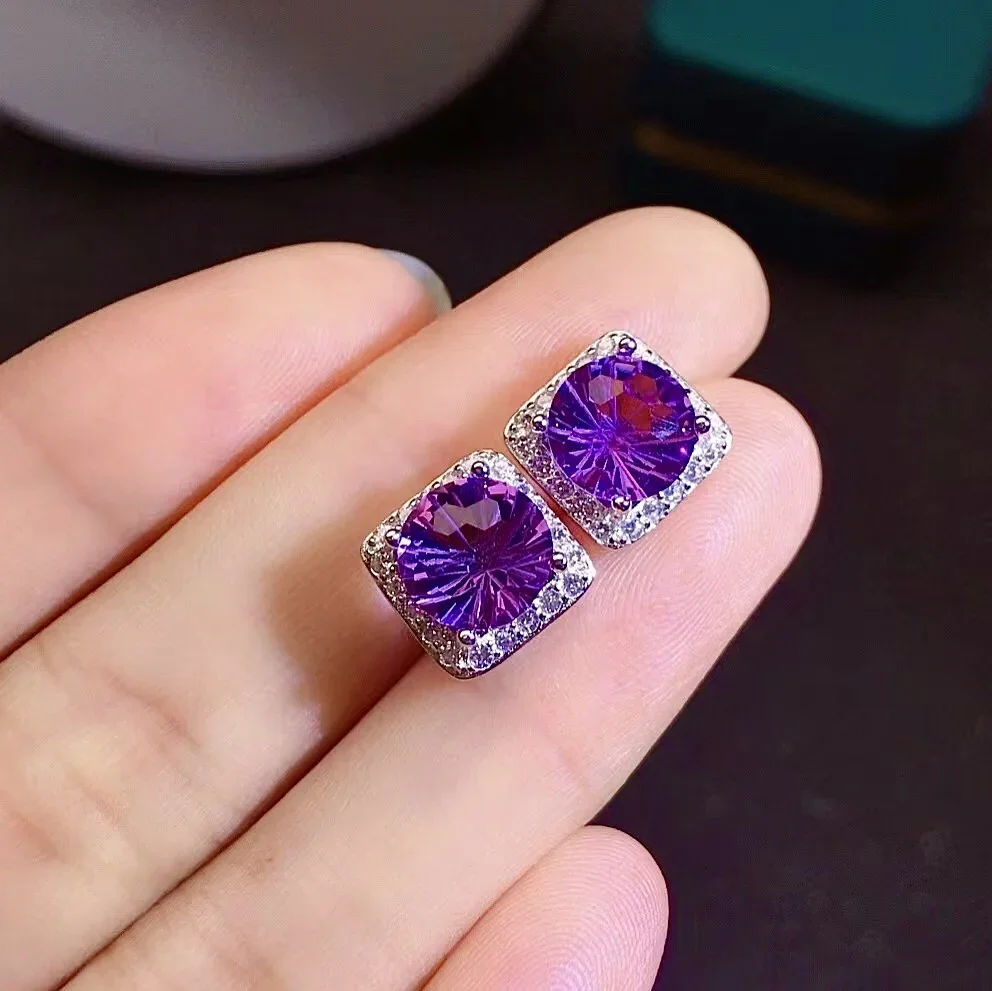 

Ослепительные серебряные серьги с аметистом для молодых девушек, 8 мм, серьги с натуральным аметистом класса VVS, простые серебряные серьги с кристаллами