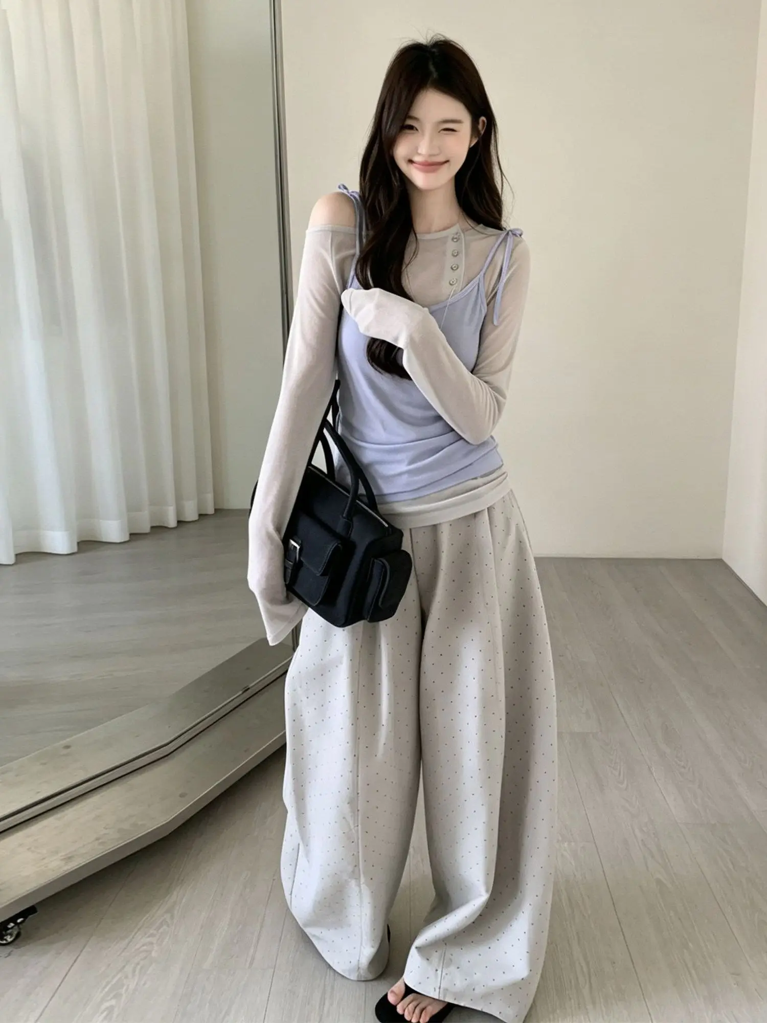 Korean Lazy Sweet Layered Women's Long Sleeve Inner Wear Tank Top Fashionable Two-Piece Set High Waist Dot Patterned Workwear