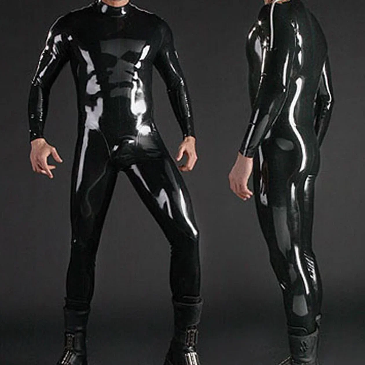 Latex Natural Rubber Black Catsuit Jumpsuit Sport Bodysuit Cosplay Overall Men Costume Shoulder Zip  0.4mm S-XXL