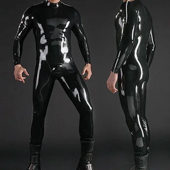 Latex Naturkautschuk Schwarz Catsuit Overall Sport Body Cosplay Overall Herren Kostüm Schulterreißverschluss 0,4 mm S-XXL