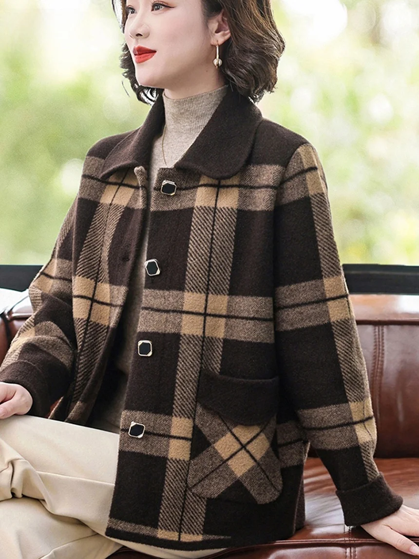 

Осенне-зимнее пальто в клетку с воротником-стойкой, на пуговицах, модный пушистый кардиган большого размера, повседневный свободный крой, теплый