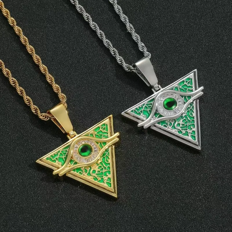 

Anime Accessories 5A+ CZ Stone Bling Iced Out Egypt Eye Triangle Pendant Necklace for Men Rapper Jewelry Punk Casual Style