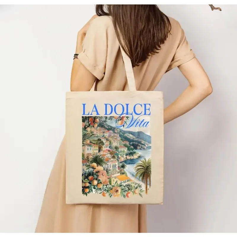 خمر الفن الإيطالي حمل حقيبة لا دولتشي فيتا حقيبة قماش قنب النمط الإيطالي خمر قماش حمل الكتف المتسوق حقيبة هدية للمسافرين1 #2