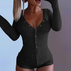 2024 New Womens Jumpsuit Sexy Lady V Neck Long Sleeve Bodycon Bandage Jumpsuit Solid Color Slim Botton Long Sleeve Short Bodycon