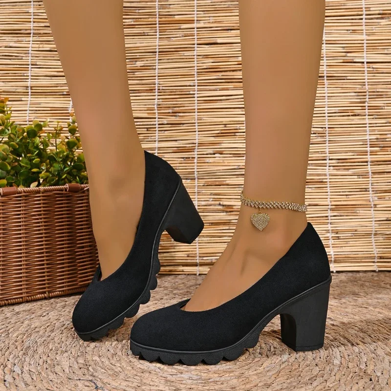 *Slip-on Fourth Level Fashionable Sexy Round Toe Thick Soled Black High Heels Elegant Suede Thick Soled Party Women's Shoes