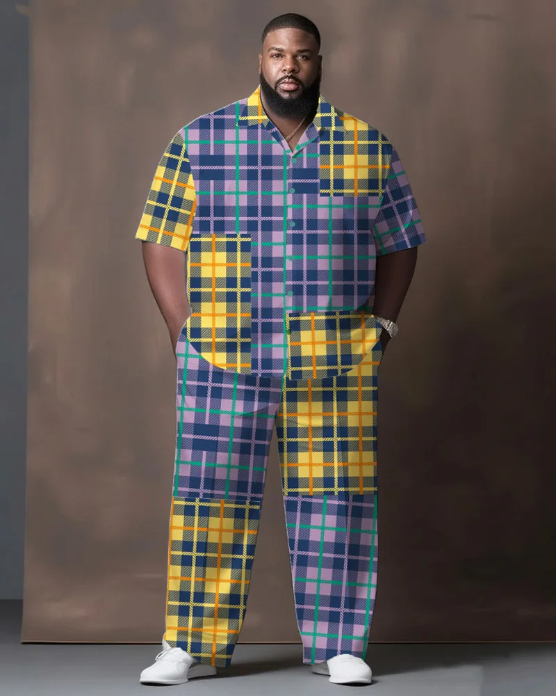 

S-9XL Men's Plus Size Plaid Patchwork Short Sleeve Shirt & Pants 2-Piece Set Streetwear Loose Fit Summer