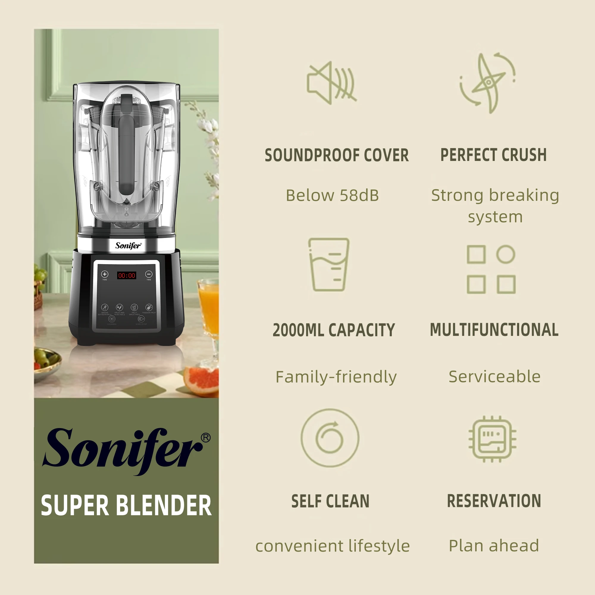 Sonifer SF-8149 1200W Home Kitchen Multi-function High Speed Blender High Quality Intelligent Touchscreen Electric Blender