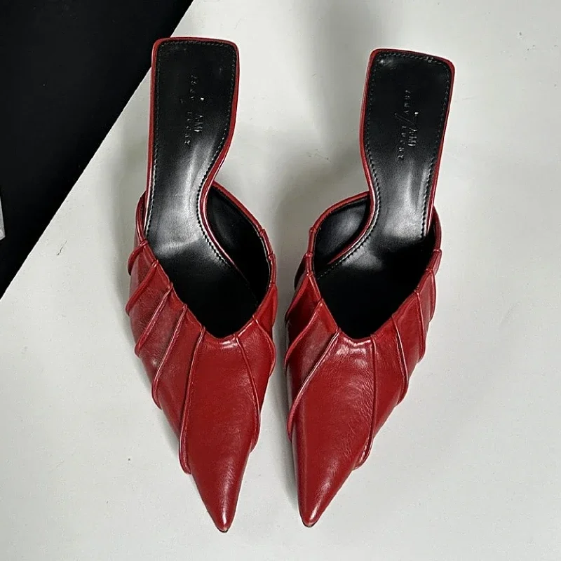 Pantoufles pointues plissées pour femmes, chaussures à bride arrière élégantes, diapositives peu profondes, mules à talons fins, escarpins, sandales pour femmes, mode