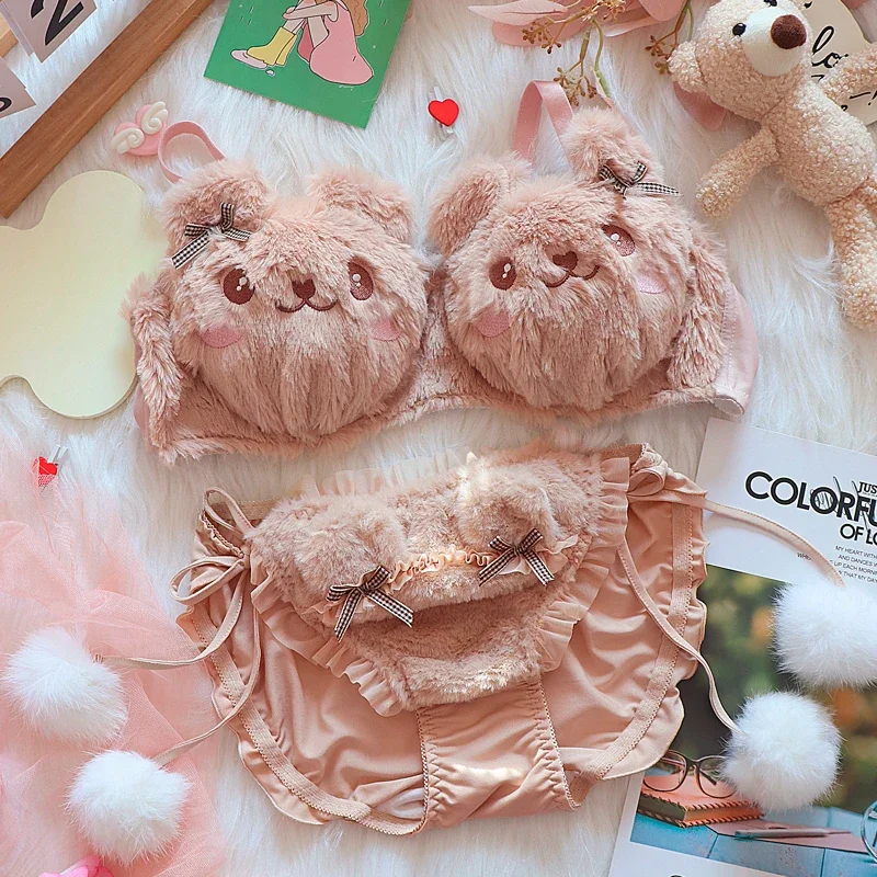 Winter cute plush underwear bear cartoon Japanese non-steel ring bra set warmth women large size lingerie panty suit