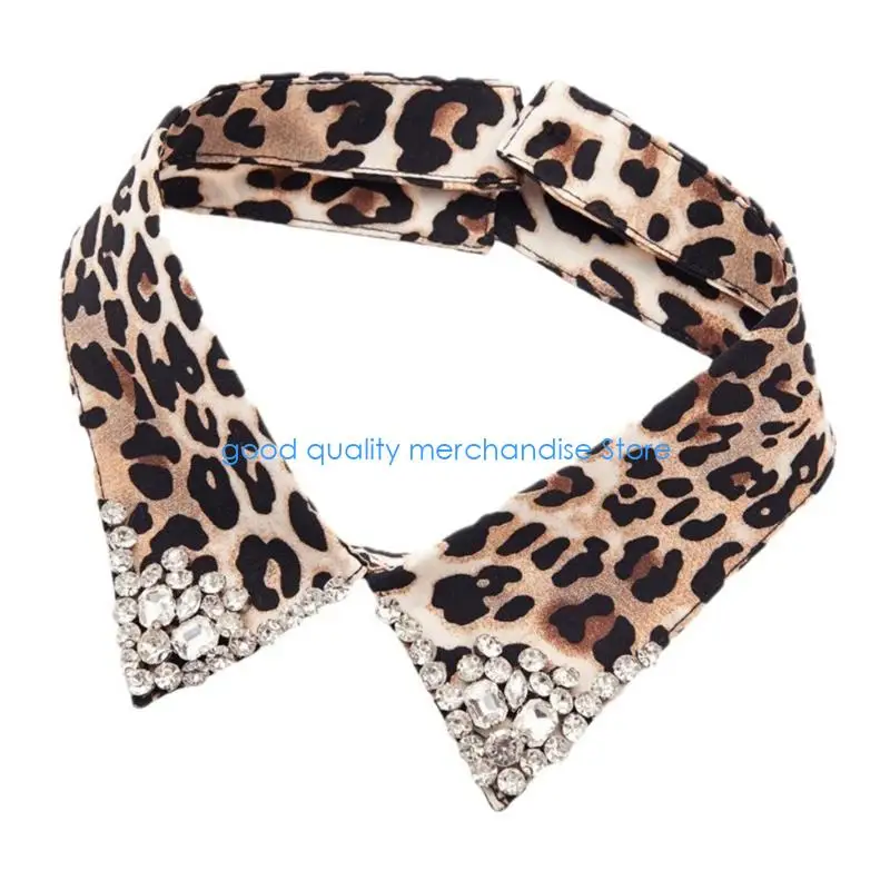 Y5JD Leopard Pattern Detachable Faux Collar with Rhinestones Decors Neck Accessory For Women Teens Everyday Outfit Enhancer