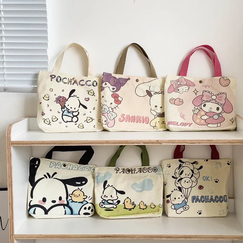 Sanrio Canvas Bag Kawaii Pochacco My Melody Cartoon Cute Student Handbag Book Shopping Large Capacity Storage Bags Toys Girls