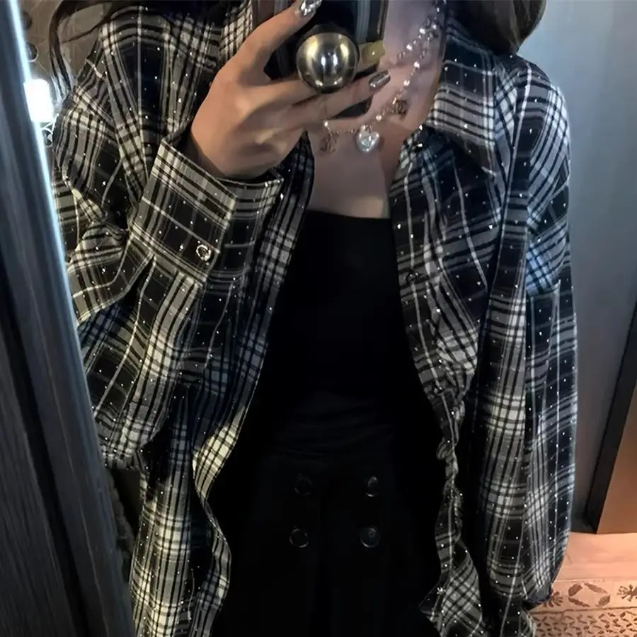 

Goth Hot Diamond Plaid Рубашка Поло Женская Уличная Harajuku Хип-Хоп Винтаж Camisas Mujer Повседневная Свободная Футболка Женская Одежда Топы