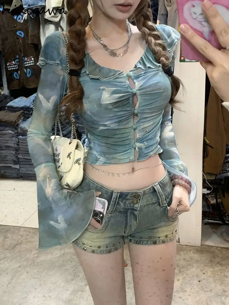 

Gauze Print Women Shirts Ruffles Off Shoulder Slim Fit Blouses Temperament Crop Tops Single Breasted Flare Sleeve Summer Shirts