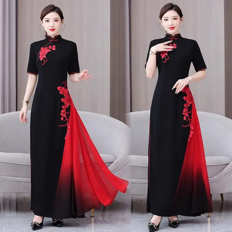 Chinese Style High-End Improved Aodai Cheongsam 2024 Summer Short Sleeve Spliced Performance Runway Dress Elegant Qipao Z4652