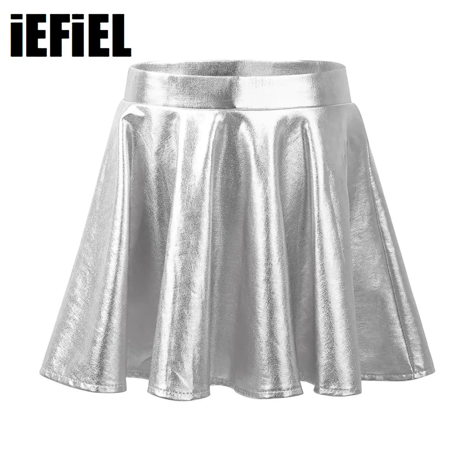 Kids Girls Metallic Dance Skirt Flared Pleated A-Line Mini Skater Skort Athletic Shiny Scooter Skirt with High Elastic Waistband