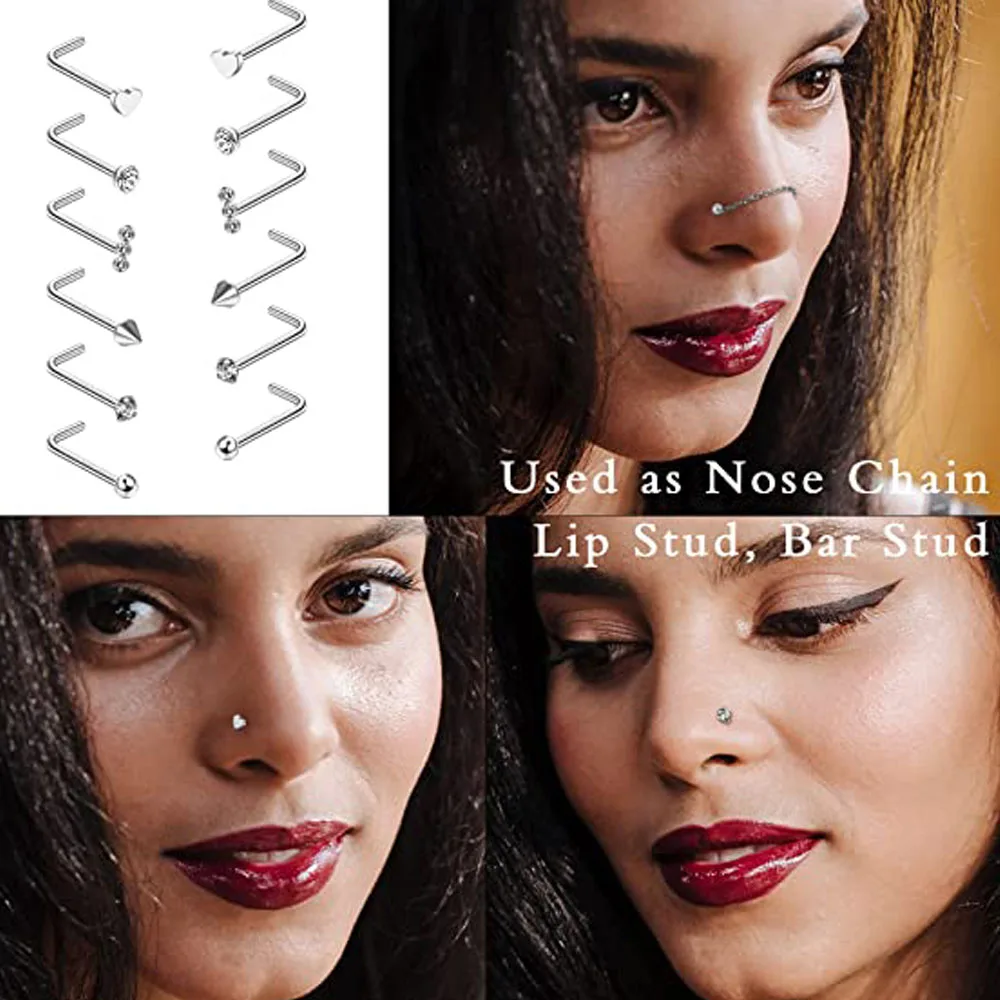 Nose Rings Chain Piercing Across Double with Chain Studs with Chain 20G Piercing Stud Nostril Jewelry for Women Men