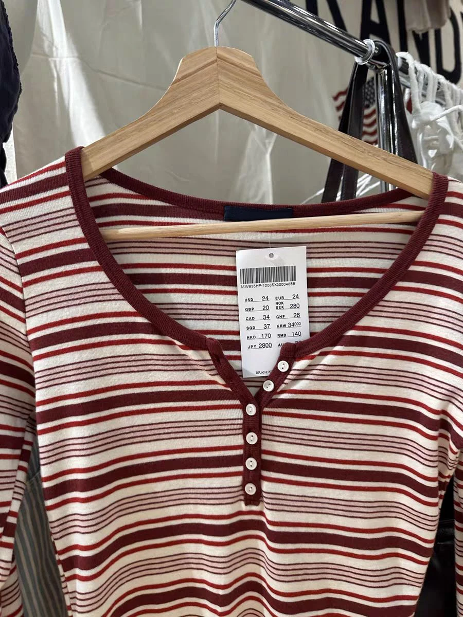 الأحمر مخطط كم طويل تي شيرت المرأة ستة أزرار مغرفة الرقبة القطن سليم تي شيرت الخريف نمط Preppy الحلو خمر تيز القمم #5