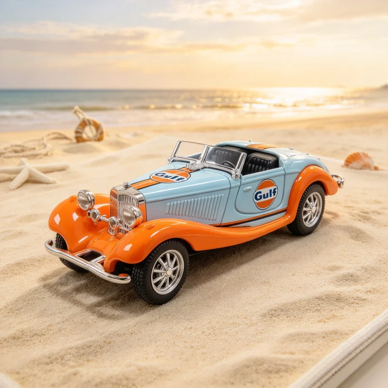 Antique Style Convertible Alloy Car Replica, Vintage Roadster with Racing Paint Scheme, Static Collectible Vehicle Model for Hom