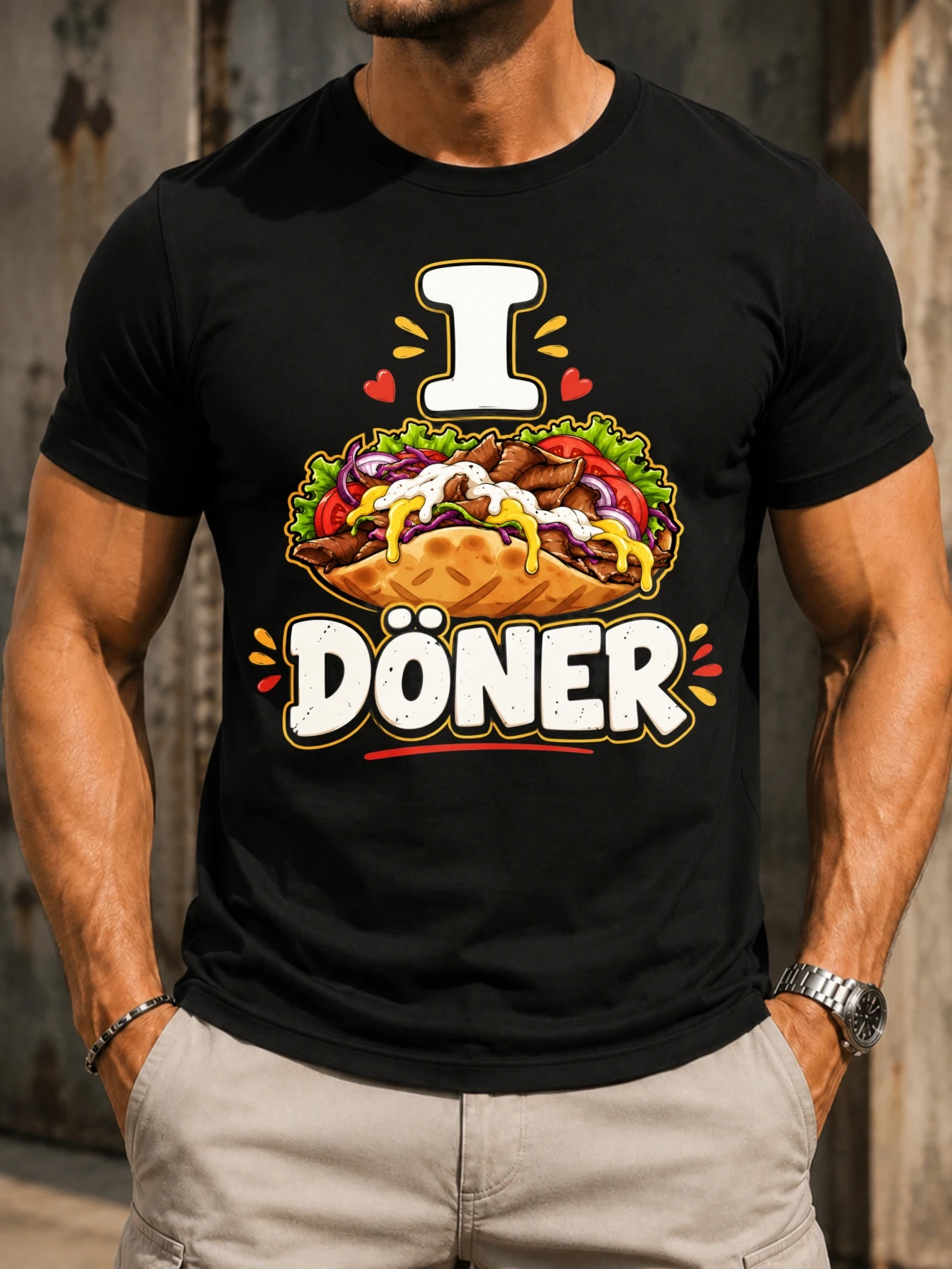 I Love Doner colorful cartoon kebab wrap hearts splash accents and rounded German lettering playful  Unisex All T-Shirt