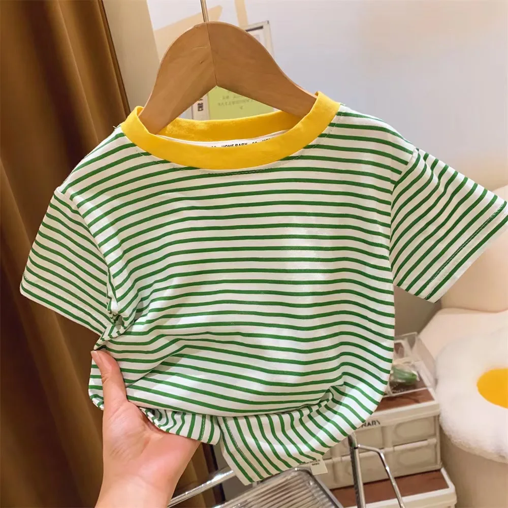 Bambini a maniche corte ragazzi ragazze 2023 estate nuova maglietta a righe bambino sezione sottile camicia a mezza manica abbigliamento Casual