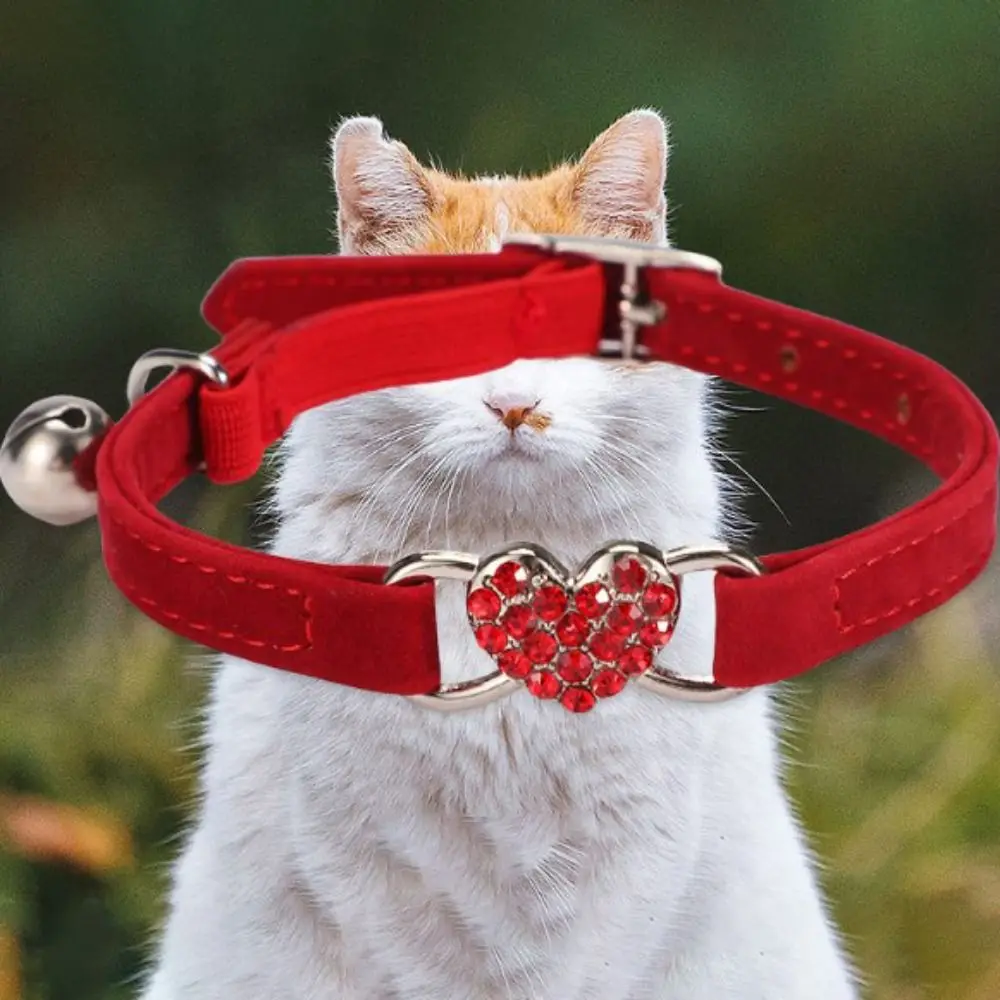 Safety Heart Bell Cat Collar Adjustable Elastic Adjustable Colored Diamonds Cat Collar Soft With Bell Dog Necklace Pet Supplies