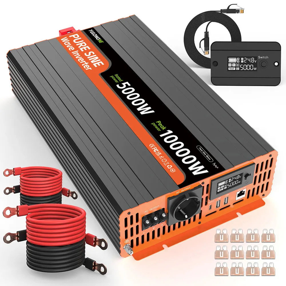 Yulongne DC 24V zu AC 230V Reiner Sinus-Wechselrichter Spitzenleistung 10000W Transformator LCD Kabelgebundene Fernbedienung EU-Stecker USB Typ-C Komplettes Kabel- und Sicherungssortiment für