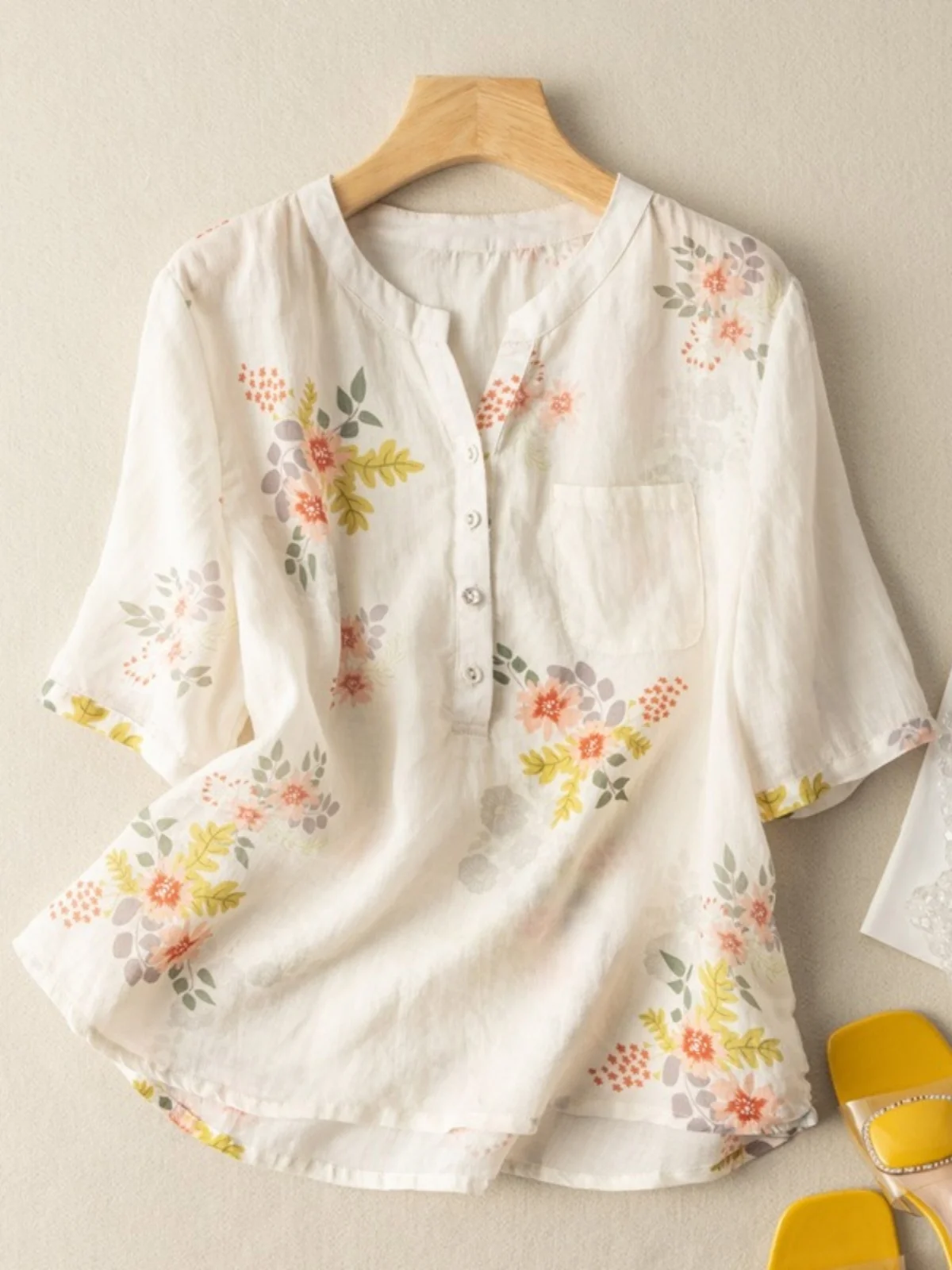 

Хлопково-льняной топ с цветочным принтом в стиле ретро, женский летний повседневный облегающий круглый тонкий льняной топ, удобный свободный крой irt