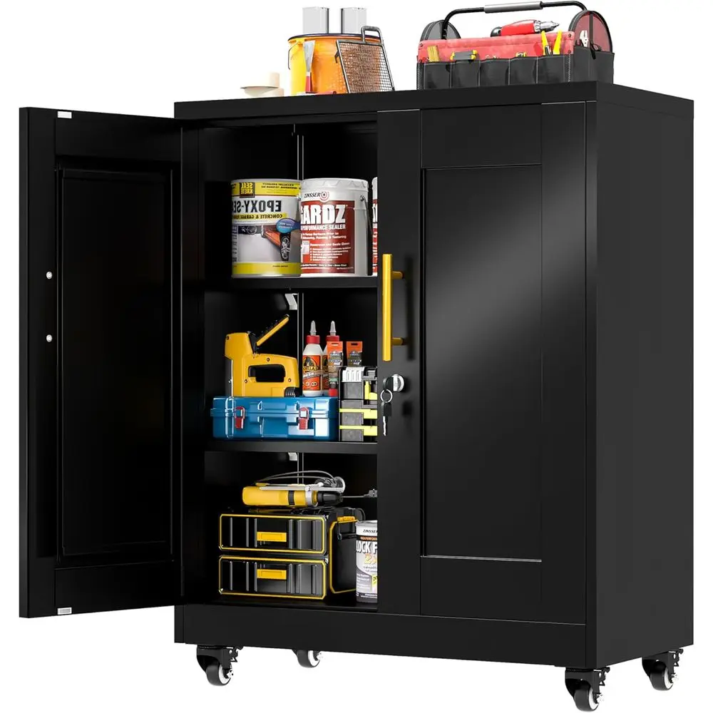

35 Tall Steel Lockable 2-Door Rolling Cabinet with Adjustable Shelves for Home or Office - Black