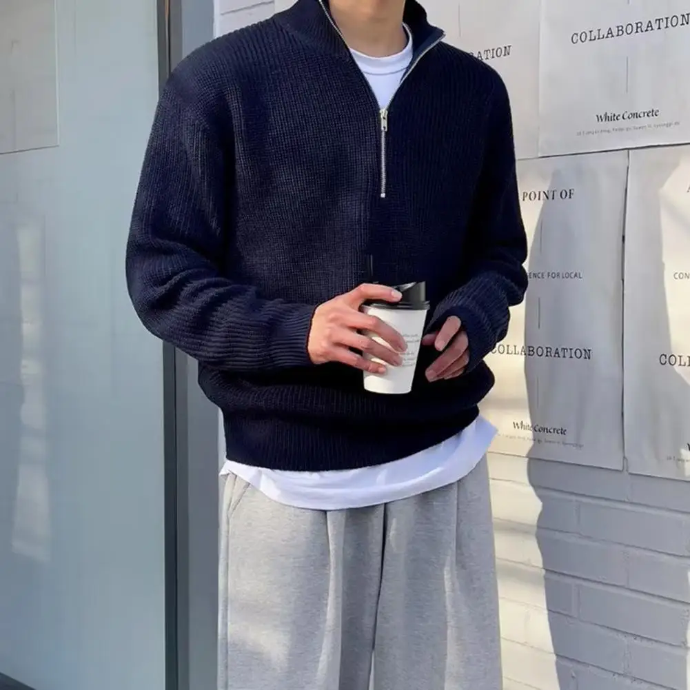 Loose Fit Sweater Elastic Knitted Half Zipper Sweater for Men Stand Collar Pullover with Long Sleeves Outdoor Wear for Fall