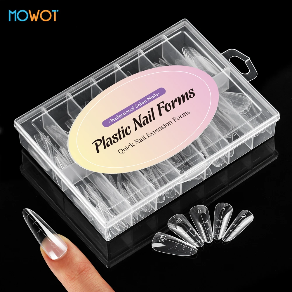 MOWOT 140 stks/doos Dubbele Vormen Nagel Mallen Helder Acryl Herbruikbare Nagelverlenging Bovenste Mallen Volledige Dekking Nail Top Vorm Manicure Gereedschap