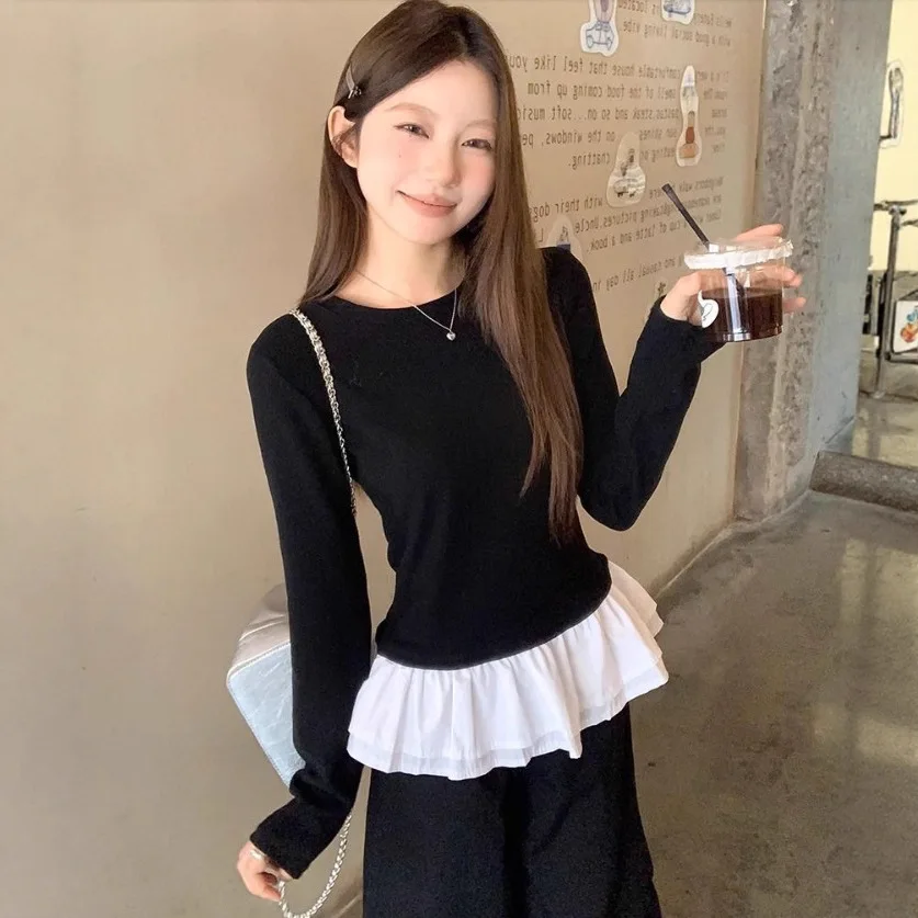 Contrasting Color Splicing Fake Two-piece Lace Long-sleeved T-shirt Women's Autumn Slim-fit Crew Neck Bottoming Top Women