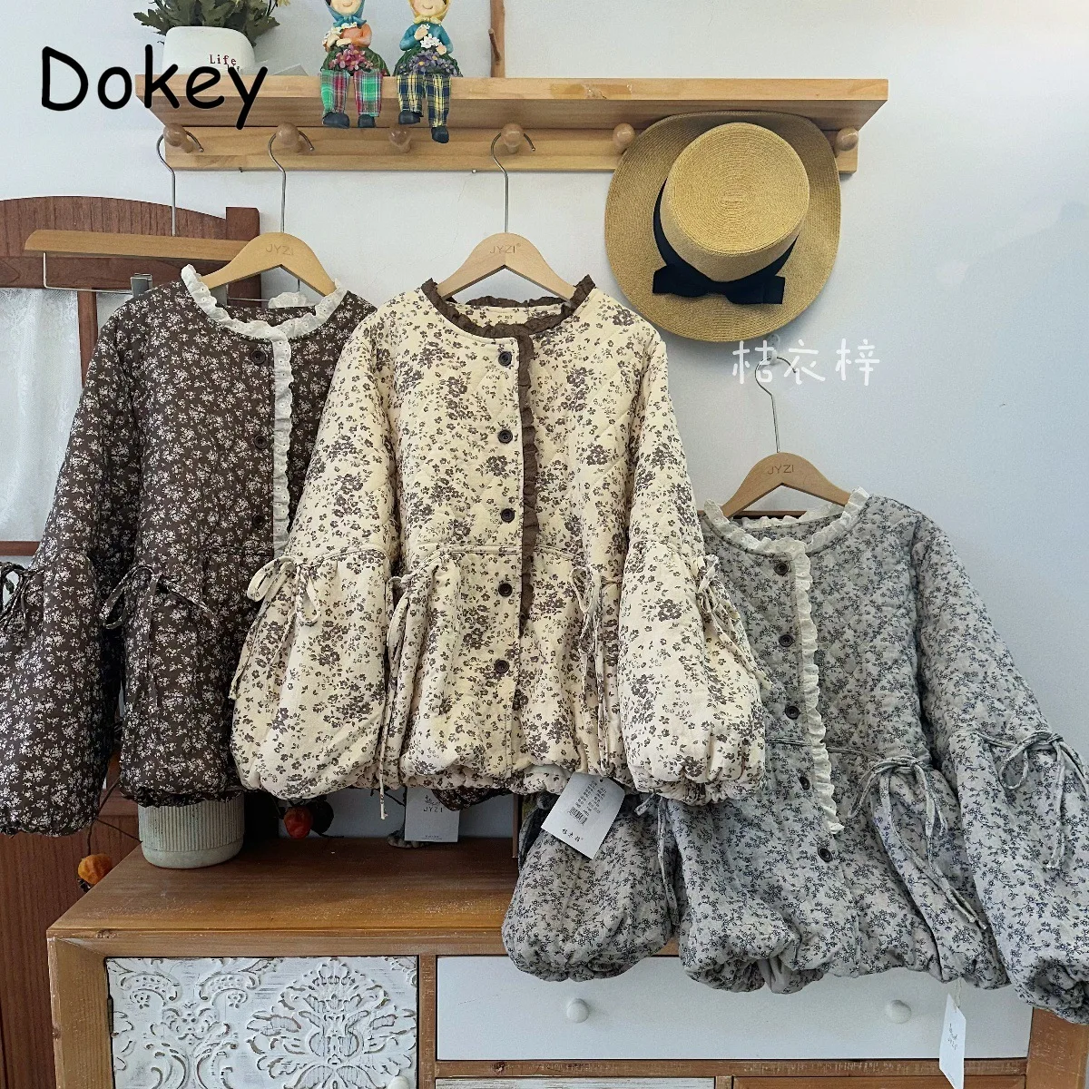 

Vintage Flower Printed Quilted Coat For Women Thick Warm Lantern Sleeves Loose Winter Parkas Female Casual O-neck Cotton Jackets