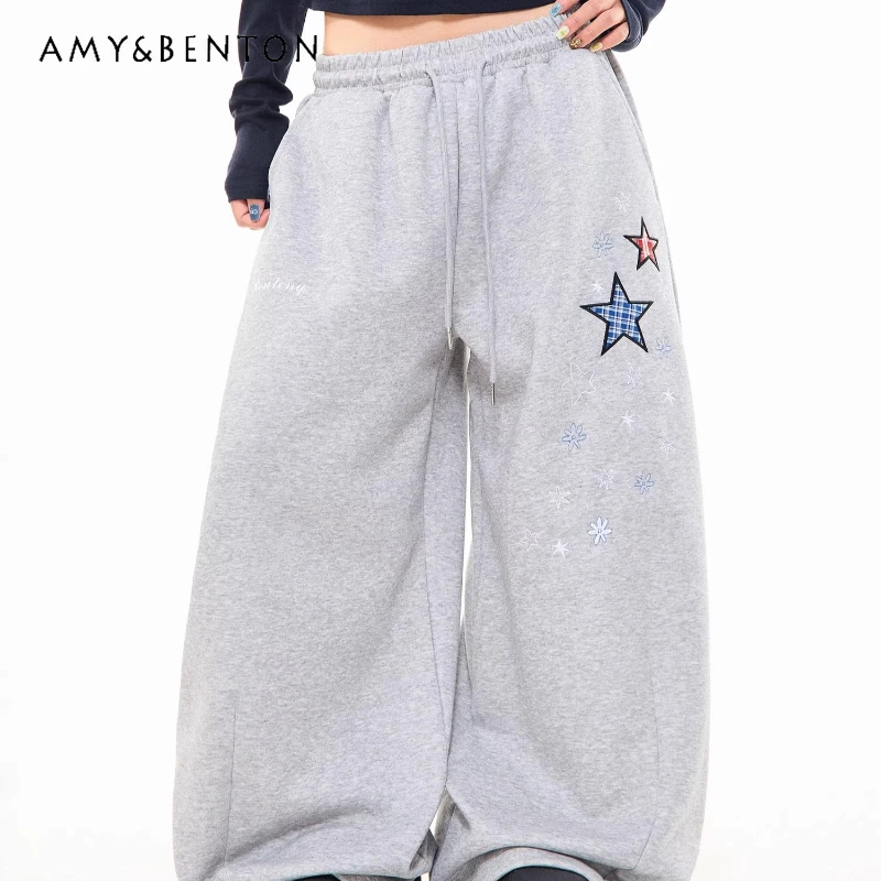 الأمريكية الرجعية تصميم منقوشة ستار التطريز الرباط المرأة عارضة السراويل الخريف جديد فضفاض تنوعا واسعة الساق السراويل للنساء #1
