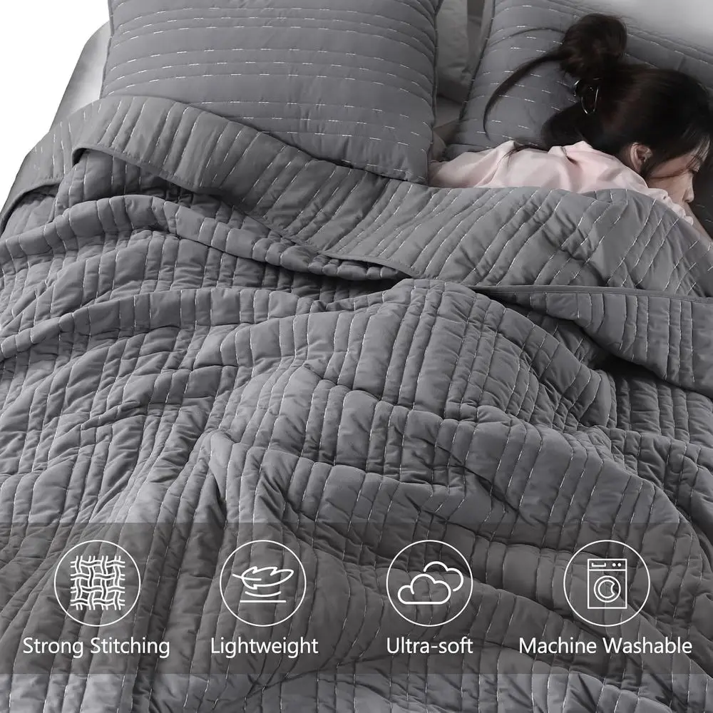 طقم لحاف مقاس XL مخملي رمادي فاخر، مفروشات فائقة النعومة مكونة من 3 قطع، غطاء خفيف الوزن، للاستخدام في جميع المواسم، مخيط أنيق، 2 شمس، أماه