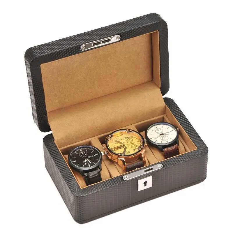 New 3 Slots Leather Watch Organizer Black Watch Case Storage Box With Lock Carbon Watch Box For Men Gift Boxes