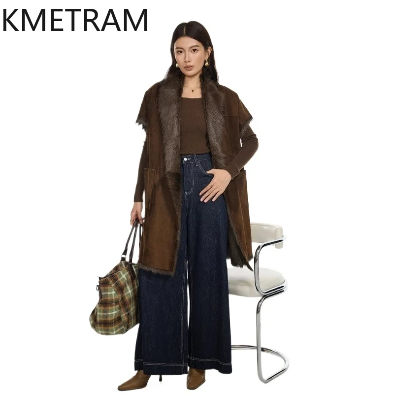 

KMETRAM Natural Tuscany Sheepskin with Wool Attached Vest Fashion Long Coats 75cm Sleeveless Real Fur Coat Woman Clothing 2026
