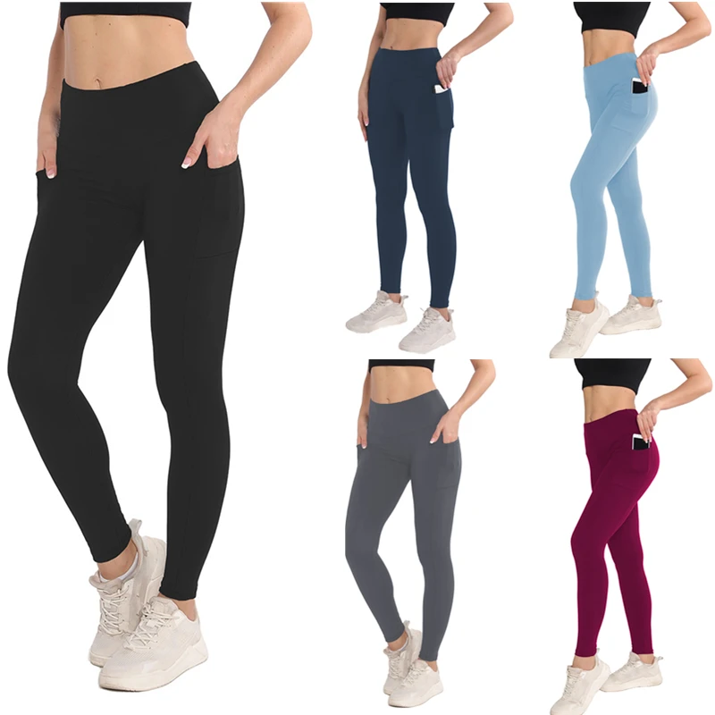 Pantaloni da corsa per yoga da donna con doppia tasca a vita alta e controllo della pancia, comodi pantaloni elasticizzati, leggings sportivi per fitness