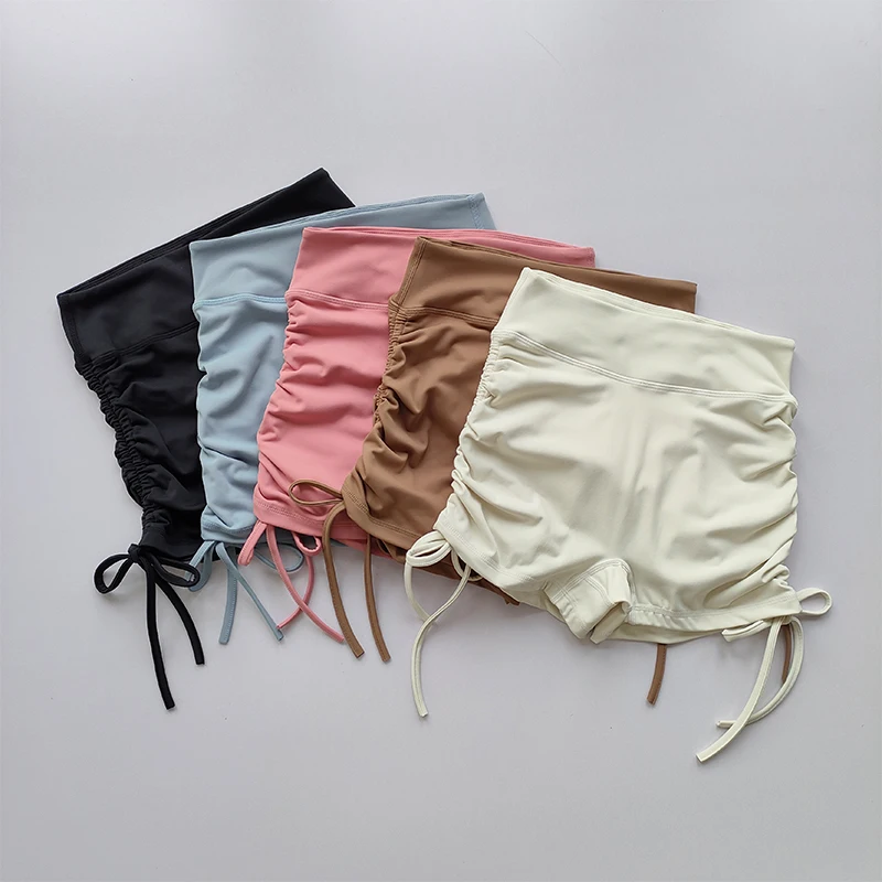 Hochgeschnittene Sexy Fitness-Shorts mit Kordelzug Schnelltrocknende Dreiteilige Laufhose für Damen Pfirsichfarbene Sport-Hotpants – Detail 15