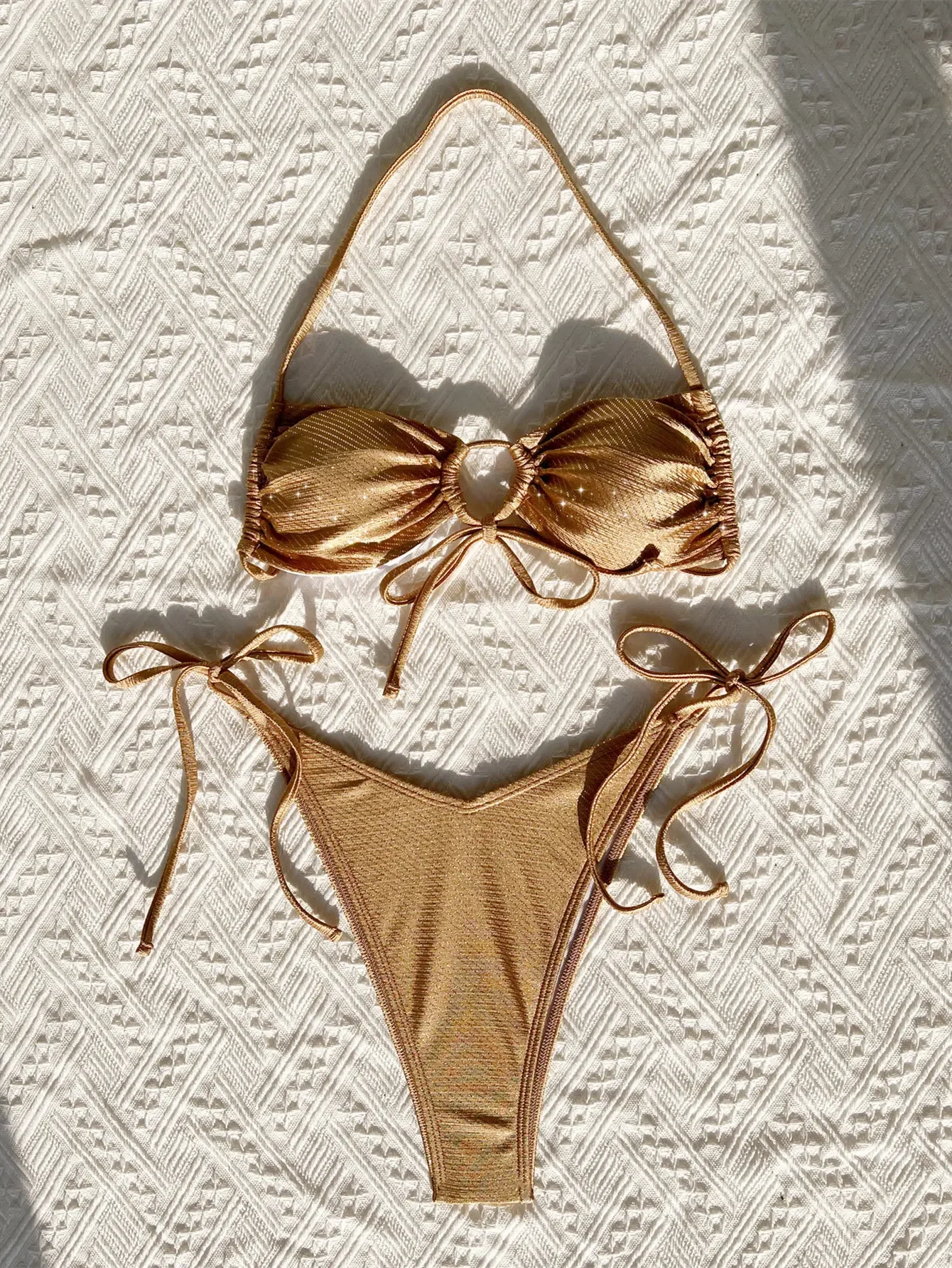 

sexy metallic gold glitter halter bikinis sets two pieces v-waist tie halter thong swimsuit bathing suit swimwear biquini bakini