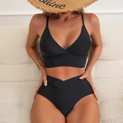 Cross Band Bikini Suit 2 Pieces High Waist Shorts Bra Female Sport Swimming Beach Set Solider Color Overlapping Swimwear